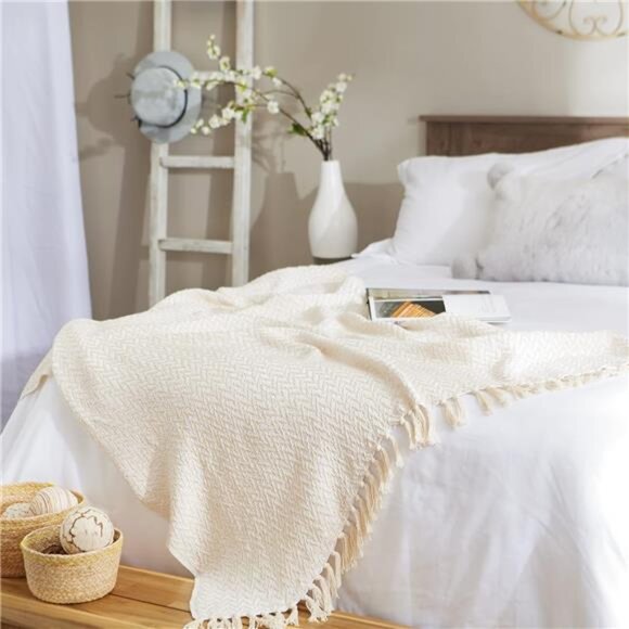 Modern Zig Zag Throw Blanket Woven Cotton, Hand-Knotted 2.5" Fringe - Picture 6 of 7